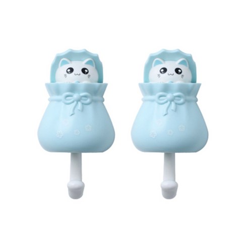 퍼즈생활건강 다용도 무타공 고리 고양이 벽걸이 후크, 블루, 2개