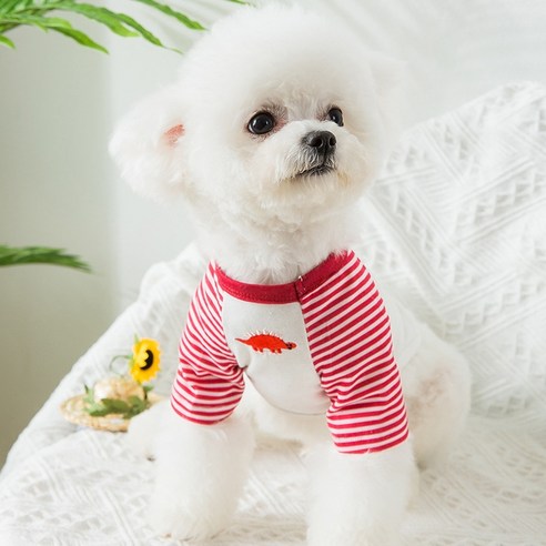하이가이 강아지 스트라이프 공룡 나그랑 티셔츠, 레드