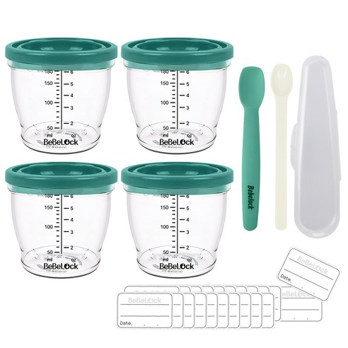 베베락 엘파 밀폐이유식 용기 4p + 스푼 1단계 + PP스푼 + 네임스티커 24p 세트, 180ml, 민트그린, 1세트