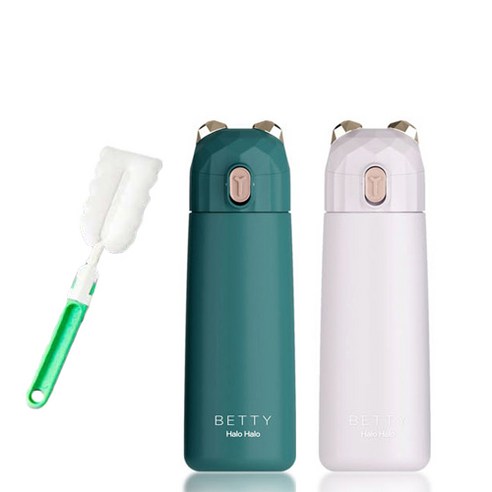 푸코 베티 원터치 텀블러 보온보냉병 2p + 세척솔 세트, 포레스트그린, 라이트핑크(텀블러), 350ml