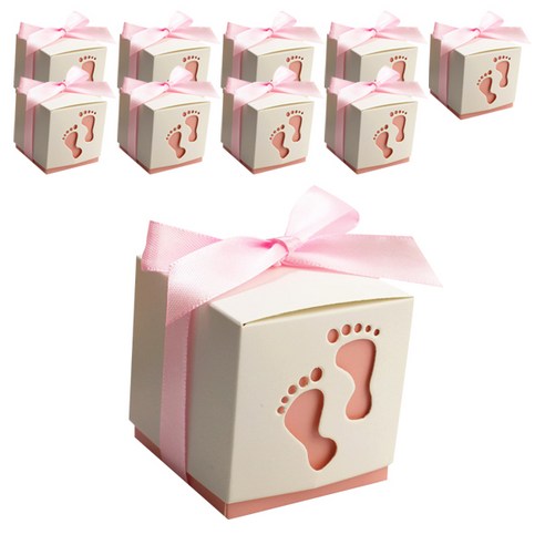 글로리빙 답례품 생일선물 포장 상자 아기발바닥 + 리본 세트, 핑크, 10세트