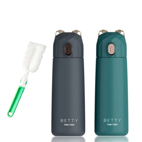 푸코 베티 원터치 텀블러 보온보냉병 2p + 세척솔 세트, 블랙, 포레스트그린(텀블러), 350ml