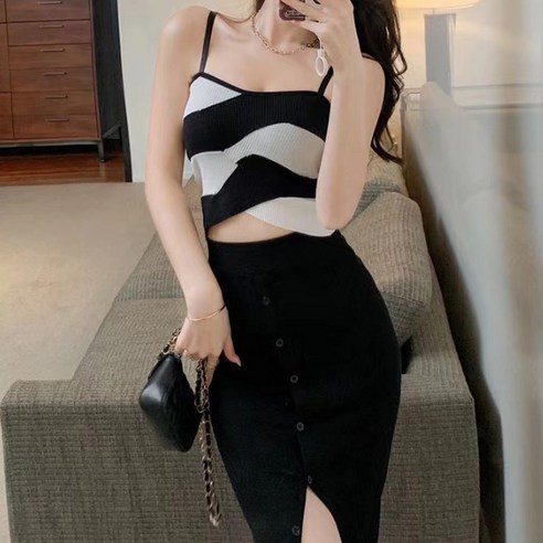 비비에모 여성용 캐주얼 스퀘어넥 스트라이프 튜브 탑 01283