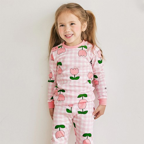 메이키즈 여아용 체크튤립 30수 후라이스 실내복 상하세트