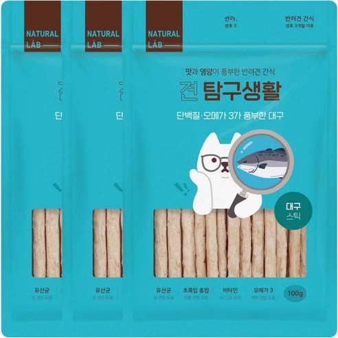 네츄럴랩 강아지 견탐구생활 스틱 간식 100g, 대구, 3개