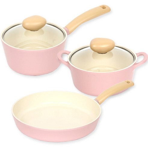 네오플램 레트로 냄비 + 후라이팬 세트 3종, 핑크, 편수냄비 18cm + 양수냄비 18cm + 후라이팬 24cm