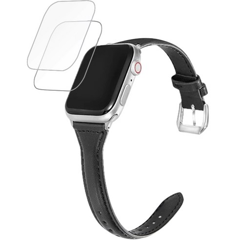 디씨네트워크 여성용 가죽 애플워치 스트랩 42 / 44 / 45 / 49 mm + 우레탄 보호필름 2p 세트, 블랙(스트랩)