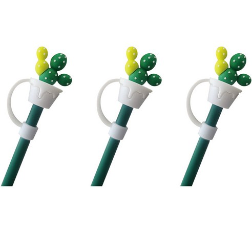 오달라 모아컵 디자인 실리콘 캐릭터 빨대 뚜껑 마개 캡 스토퍼, 3개, 3구형 라임 초록선인장
