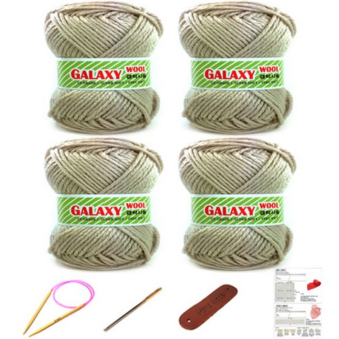 행복뜨기 갤럭시울 털 뜨개실 4볼 + 대바늘 6mm + 돗바늘 + 가죽라벨 + 목도리도안 세트, 2902 베이지, 1세트