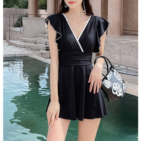지비비 브이라인 엘레강스 모노키니 원피스 수영복, 블랙