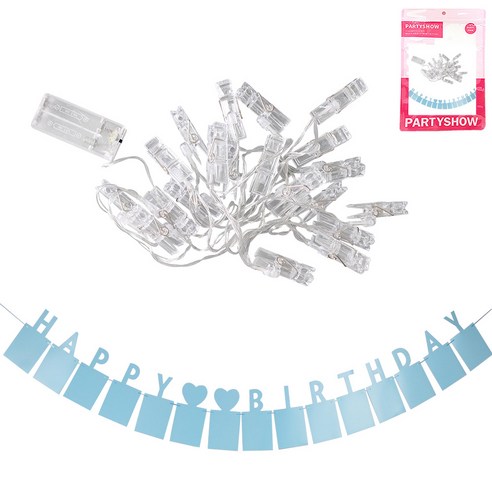 파티쇼 LED 집게 가랜드 투명웜 20구 x 3m + 생일포토 가랜드 세트, 블루(생일포토 가랜드), 1세트