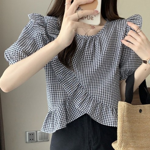 메이첼 빅사이즈 사선 프릴 체크 반팔 블라우스 02460