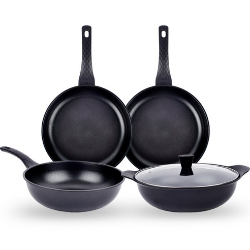 에코스타 블랙 에디션 5종 세트, 프라이팬 28cm + 프라이팬 28cm + 궁중팬 28cm + 파티웍 28cm + 유리뚜껑 28cm