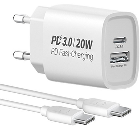 프라임큐 가정용 고속 충전기 PD 3.0 20W C타입 + USB-A + C to C 케이블 세트, 화이트, 1세트