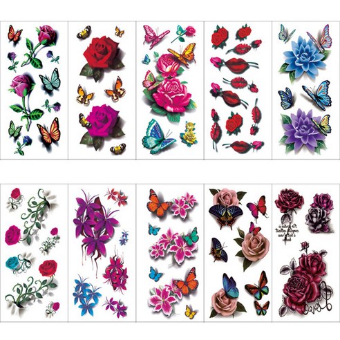 3D 입체문신 장미 꽃 타투 스티커 대형 꽃과 나비 10종 세트, 혼합색상, 1세트