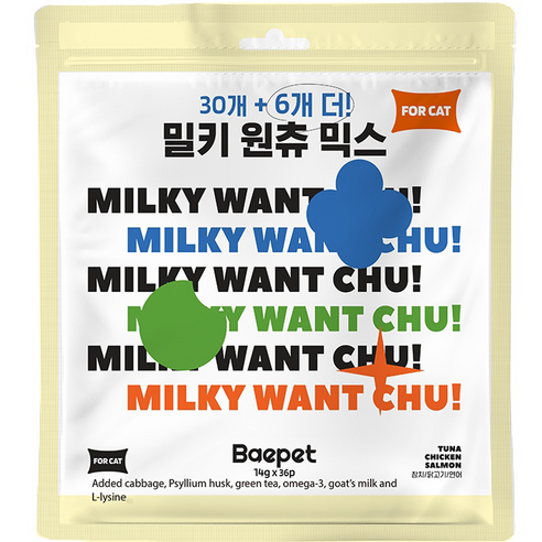 베이펫 짜먹는 고양이 간식 산양유 밀키 원츄 믹스 36p, 혼합맛(닭고기/참치/연어), 504g, 1개