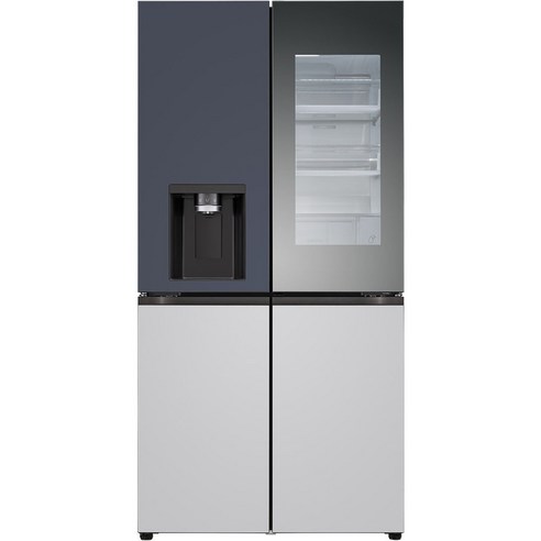 LG전자 오브제 디오스 4도어 양문형 얼음정수기 냉장고 메탈 노크온 방문설치, 네이비+ 크림 그레이, W824MNR472S