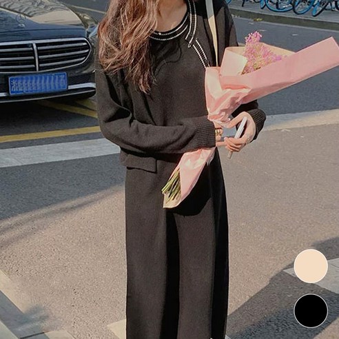 페이퍼먼츠 배색 스티치 라운드 니트 원피스 세트 06577
