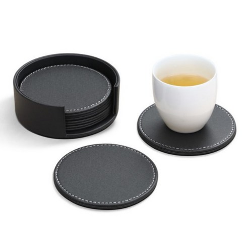 cofv 商務皮革杯墊杯架 6入+收納盒