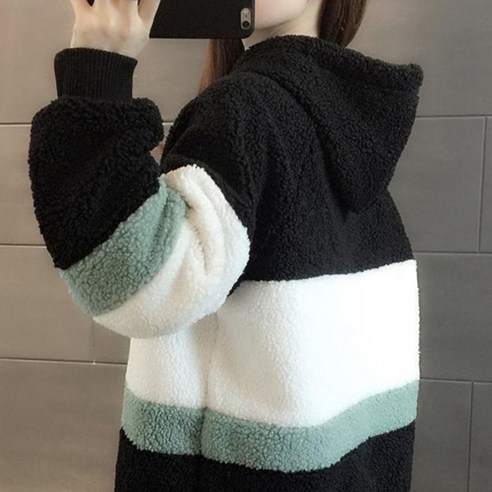 피어니스트 따뜻한 기모 뽀글이 배색 후드 티셔츠
