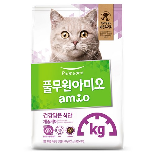 풀무원 아미오 건강담은식단 체중케어 고양이 사료, 닭, 5.2kg, 1개