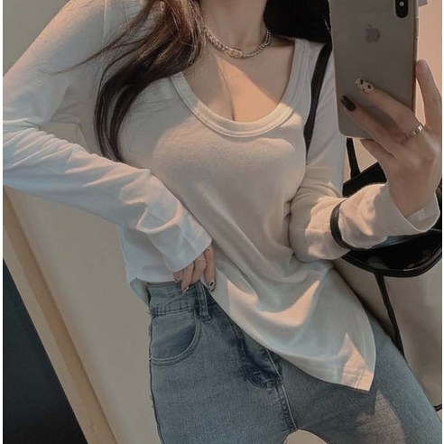 비비에모 여성용 딥 라운드넥 언발란스 티셔츠: 세련되고 편안한 스타일의 필수 아이템