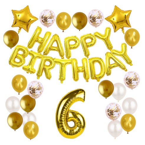 에브리띵스마일 생일축하 숫자 6 가랜드 스타 은박 컨페티 혼합풍선 세트 1198, 골드, 1세트