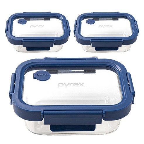 파이렉스 스팀 앤 올 글라스 직사각 밀폐용기 Navy 370ml, 3개, 단품