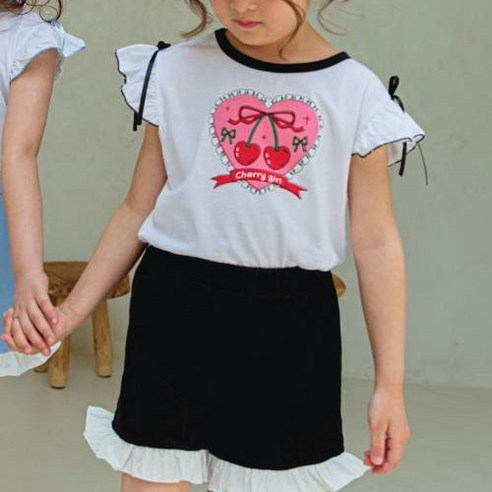 키키모라 여아용 하트 체리 티셔츠 + 프릴 팬츠 세트