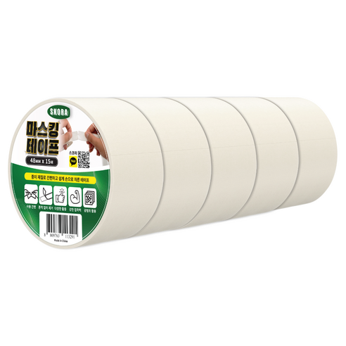 스코라 종이 마스킹 테이프 화이트 48mm x 15m, 5개