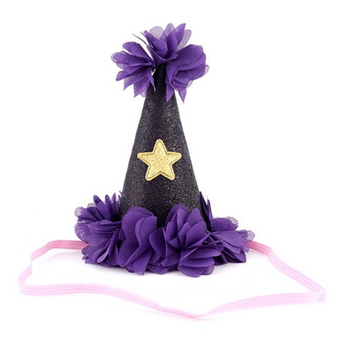 파티팡 글리터 플라워 생일고깔모자, 블랙, 1개