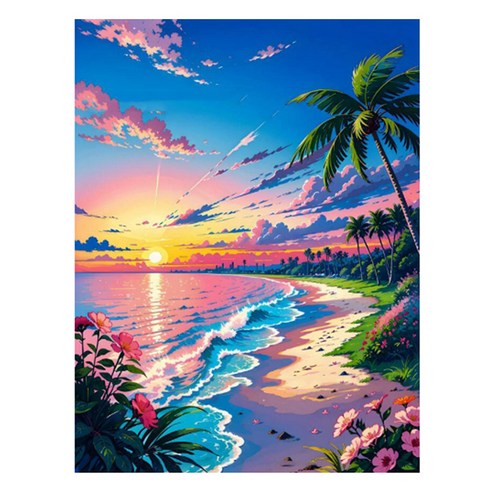 알로데 핑크꽃으로 물든 해변 벽 장식 라운드 DIY 보석십자수 30 x 40 cm, NO 02, 1개