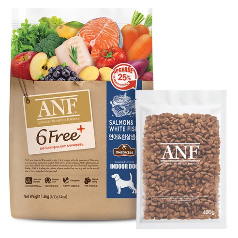 ANF 강아지 전연령 식스프리플러스 인도어 건식사료, 연어, 400g, 4개