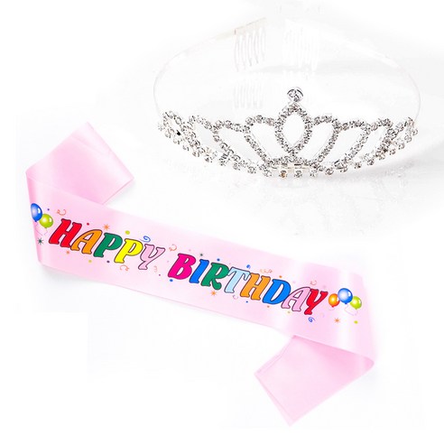 파티쇼 공주 티아라 왕관 생일 어깨띠 세트, 컬러풀라이트핑크(대형A), 1세트
