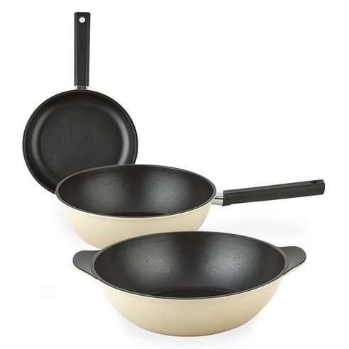 퀸센스 샌드 후라이팬 세트 3개, 베이지, 후라이팬 24cm + 궁중팬 28cm + 파티웍 28cm, 1세트