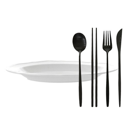 프렐류드 커트러리 + 타원 파스타볼 1인 세트, 블랙(커트러리), 화이트(접시), 숟가락 + 젓가락 + 포크 + 나이프 + 파스타볼, 1세트