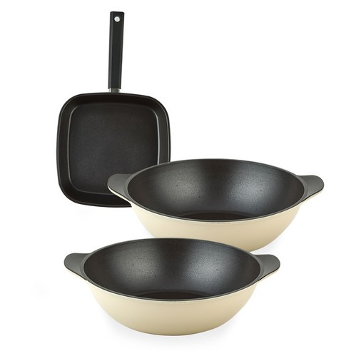 퀸센스 샌드 후라이팬 3종 세트, 베이지, 사각팬 27cm + 파티웍 28cm + 파티웍 28cm, 1세트