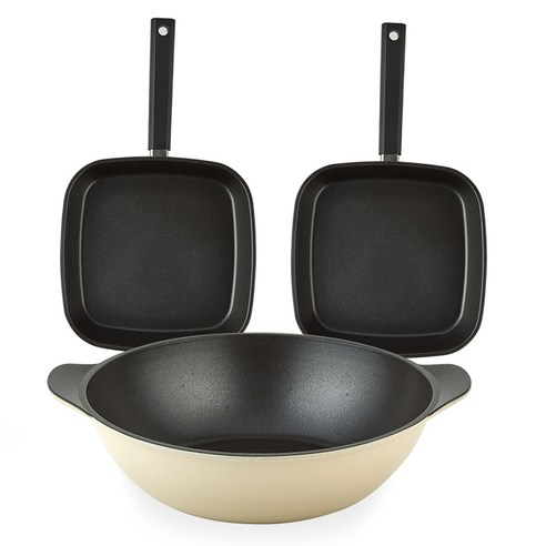 퀸센스 샌드 후라이팬 세트 3개, 베이지, 사각팬 27cm x 2p + 파티웍 28cm, 1세트