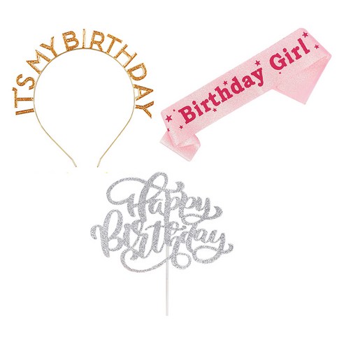 조이파티 메탈릭 생일머리띠 + 생일어깨띠 Birthday Girl + 글리터 생일토퍼 세트, 골드(머리띠). 핑크(어깨띠), 실버(토퍼), 1세트