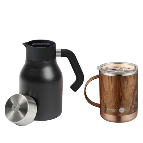아소부 보온보냉 핸드드립 세트 360ml, 핸들서버 블랙 1L + 얼티밋 머그컵 우드 360ml, 1세트
