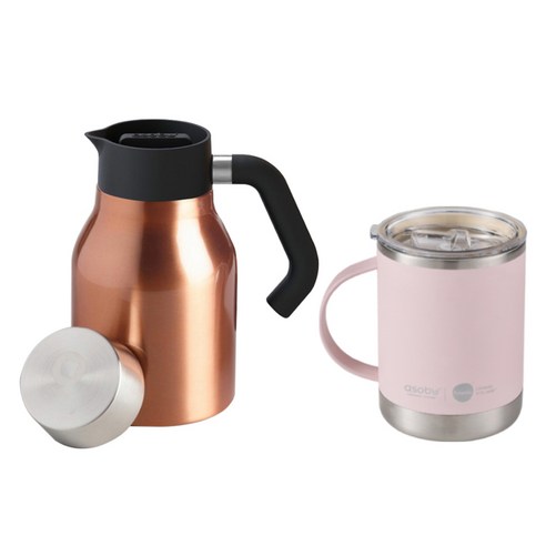 아소부 보온보냉 핸드드립 세트 360ml, 핸들서버 코퍼 1L + 얼티밋 머그컵 핑크 360ml, 1세트