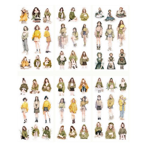 올리브파티 로어케이스라이프 시리즈 인물 소녀 감성 빈티지 다꾸 스티커 6종 세트, 그린, 1세트