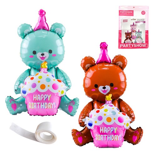 파티쇼 생일파티 곰돌이 은박 풍선 컵케익 2p + 글루닷 접착 스티커 세트, 민트(곰돌이 은박 풍선), 브라운(곰돌이 은박 풍선), 1세트