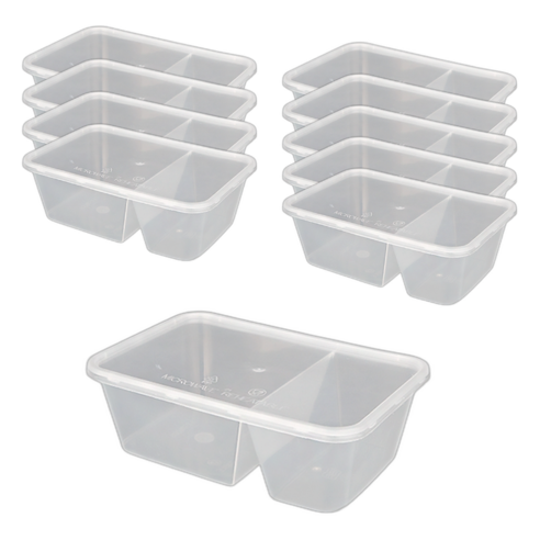 휴고잉 투명 내열 2칸 사각용기 B 본체 10p + 뚜껑 10p 세트 750ml, 1세트