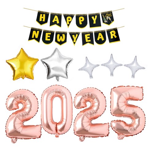 은박풍선 2025 + happy new year 가랜드 + 별 파티풍선 골드 + 실버 +미니트윙클 3p 세트, 로즈골드(2025), 블랙(가랜드), 실버(별풍선,미니 트윙클풍선), 골드(별풍선), 1세트