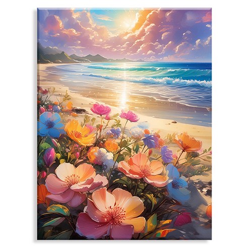 엔픽아트 캔버스형 보석십자수 DIY 세트 40 x 50 cm, MK187 풍경 바닷가의 아름다운 꽃들, 1개