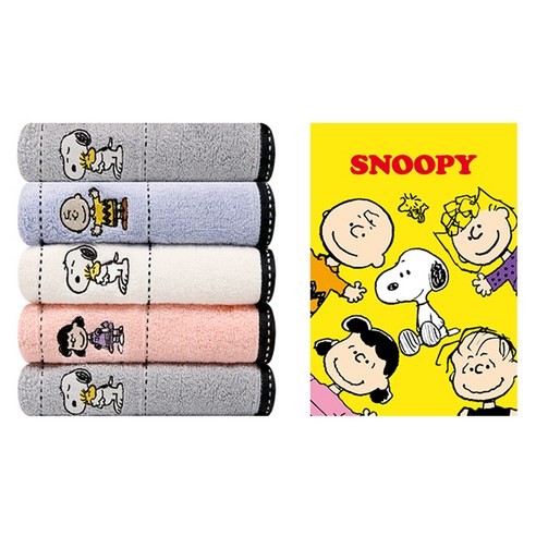송월타월 스누피 프렌즈 세면타올 140g 30수 면사 5p + 케이스 5p 세트, 랜덤발송, 1세트