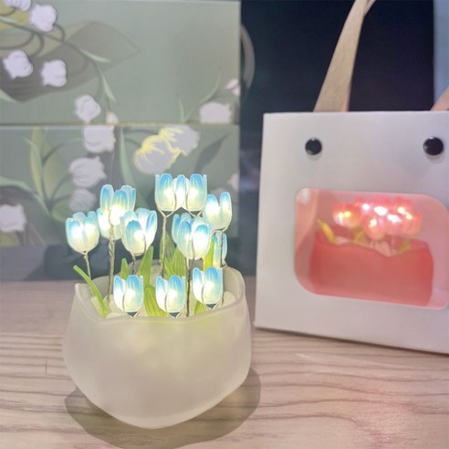 모스틱 DIY 튤립 바구니 LED 무드 장식등 13개꽃, 블루(꽃) + 화이트(컵)