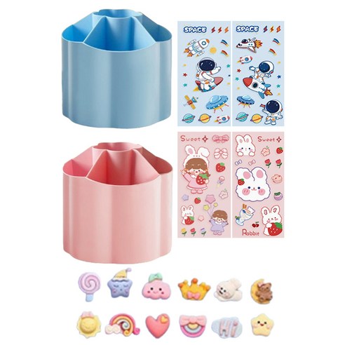 탑피아 귀여운 회전 연필꽂이 2p + 스티커 4p + 입체 스티커 20p 세트, 블루, 핑크(연필꽂이), 랜덤발송(입체스티커), 1세트