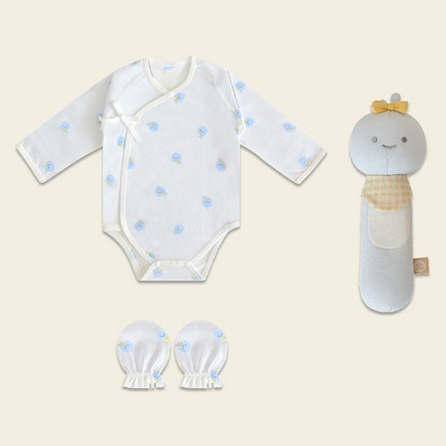 베이비앤아이 신생아용 여름 배냇슈트 + 애착딸랑이 + 손싸개 세트